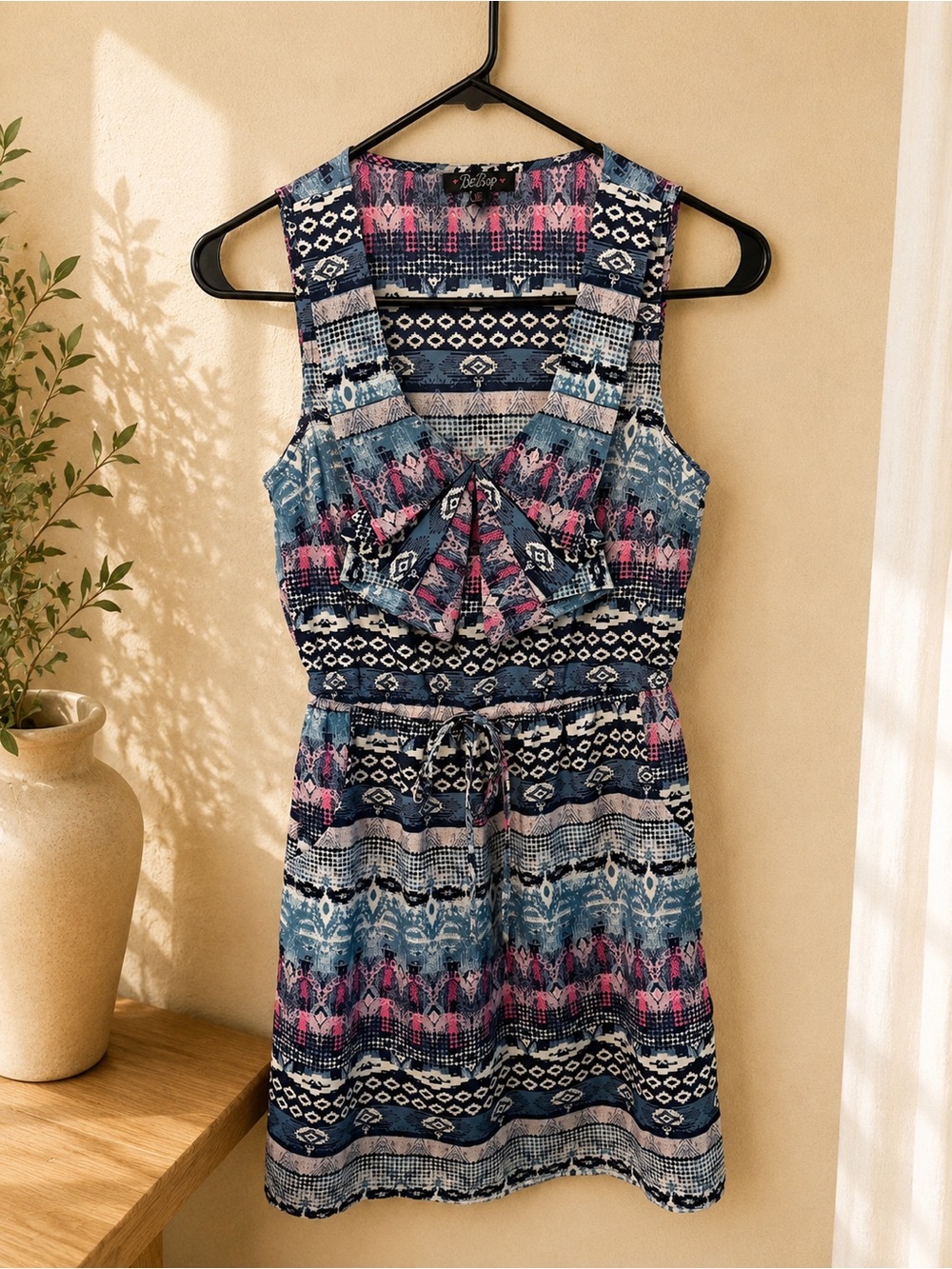 Blue & Pink Patterned Sleeveless Dress